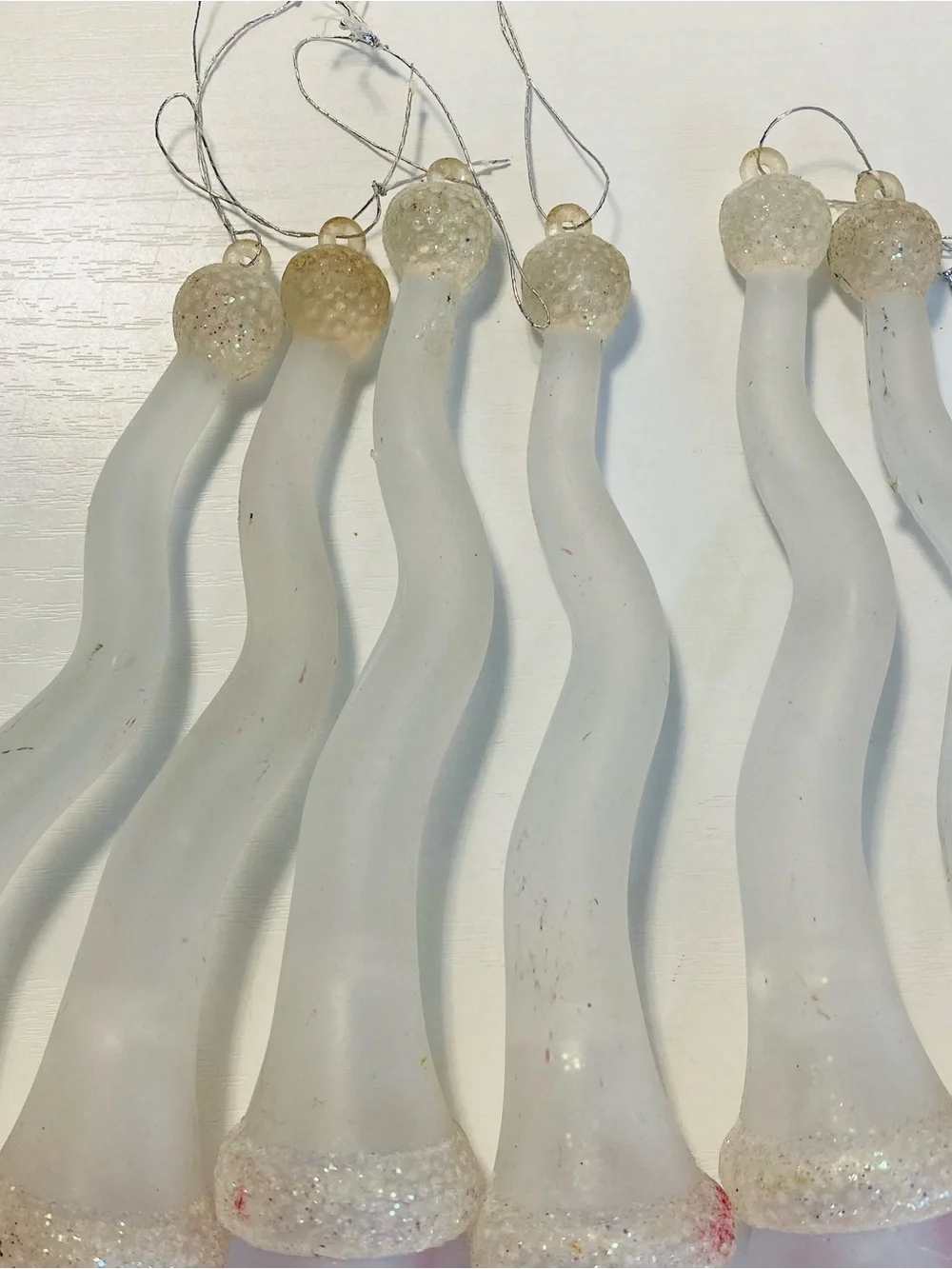 Vintage Solid Glass Snowman Icicle Ornaments Set of 6, Lampwork Art Glass Twist